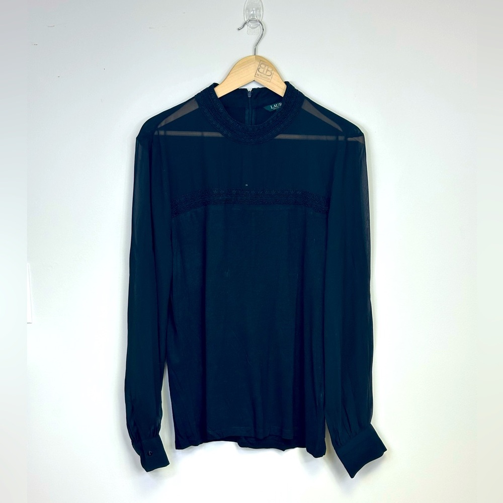 NWT , Sz. L, Ralph Lauren Black Beaded Sheer/Knit Top